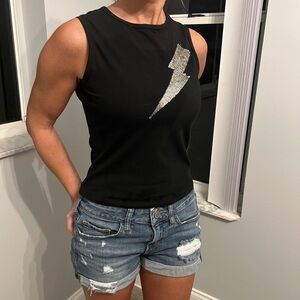 Express Jeans Brand Black Sleeveless Top with Silver Sequin Lightning Bolt